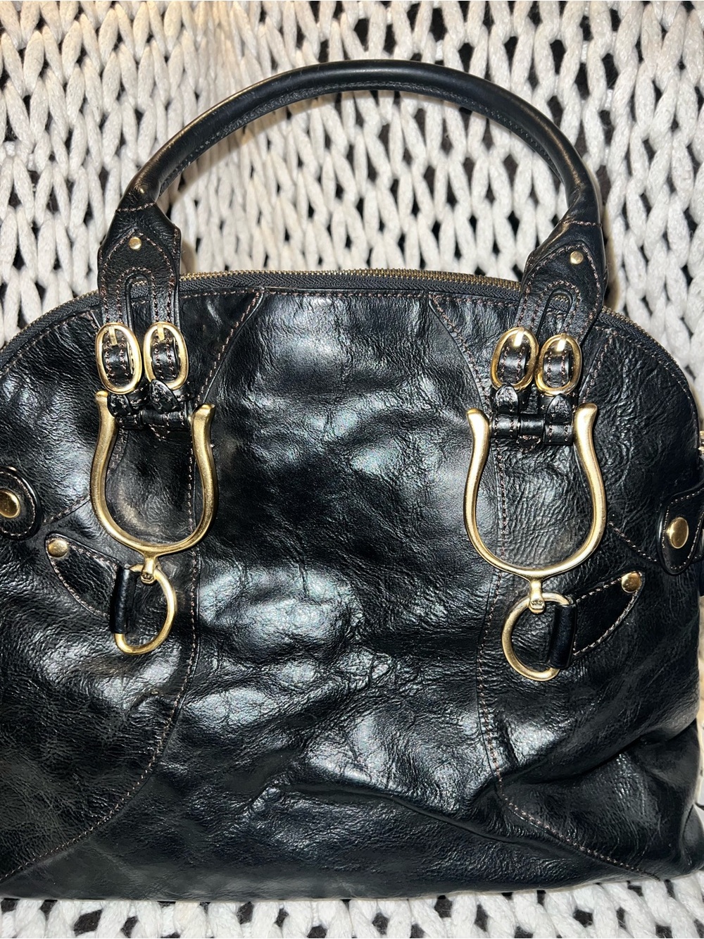 Black Leather Structured Tote with Gold Hardware - Picture 7 of 10